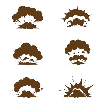 A collection of stylized silhouette explosion icons in various shapes and sizes
