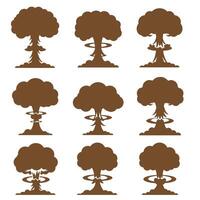 Set of nine nuclear explosion silhouettes representing atomic bomb blast cloud shape in monochrome brown color vector