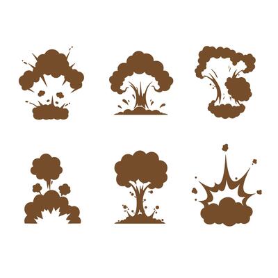 Collection of brown silhouette explosion icons depicting explosions and blast effects