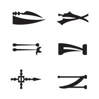 Collection of stylized black silhouettes of various tools and decorative elements vector