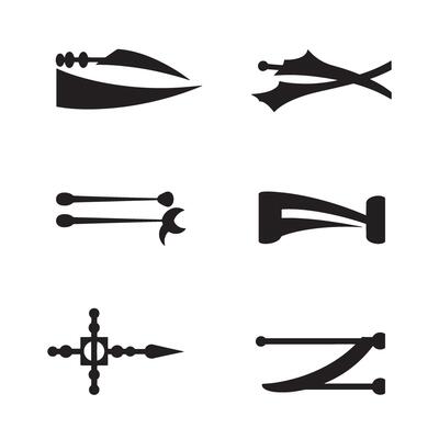 Collection of stylized black silhouettes of various tools and decorative elements