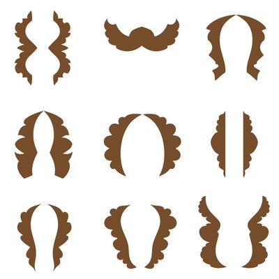 Collection of brown silhouetted hair and mustache design elements for creative illustration
