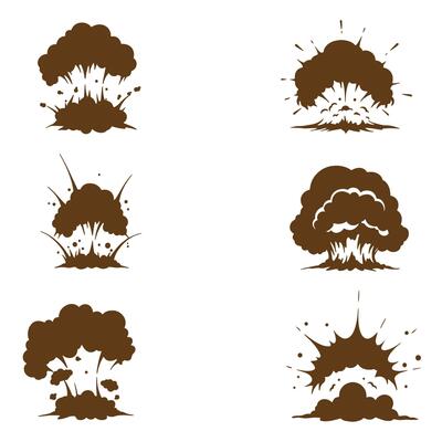 Set of illustrations depicting explosions and blasts with brown silhouette design elements