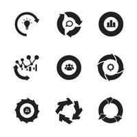 Collection of business icons illustrating concepts like ideas teamwork analytics and processes in silhouette style. vector