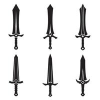 Set of six detailed silhouette swords isolated on a white background suitable for graphic design projects and fantasy themes vector