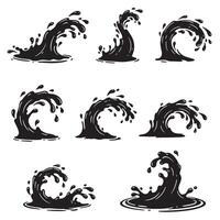 Collection of illustrations depicting dynamic waves in a monochrome silhouette style vector