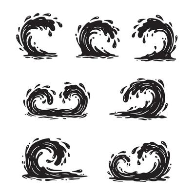 Set of black silhouette wave designs with splashes and textured details