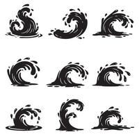 Set of silhouettes depicting dynamic ocean waves and water splashes vector