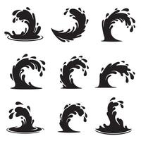Set of nine black and white water wave silhouettes representing motion and splashing vector