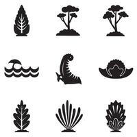 Set of silhouette icons depicting nature elements including trees leaves waves and creatures vector