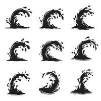 set of nine black silhouette splashing water wave designs vector