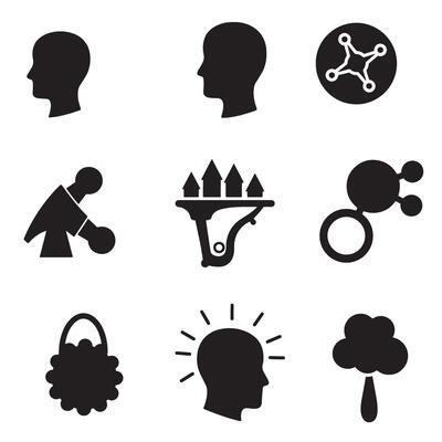 Diverse set of black silhouette icons representing various concepts and ideas for design and branding