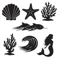 illustrations of marine life including a mermaid shell starfish dolphin and coral reef silhouette set vector