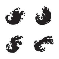 Four graphic designs of water splash silhouettes in black depicting dynamic liquid splatters and fluid movements on white background vector