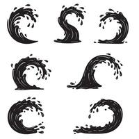 Set of stylized black water waves in silhouette style elements for design and decorations vector