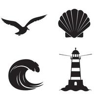 Coastal elements collection featuring seagull shell wave and lighthouse silhouettes vector