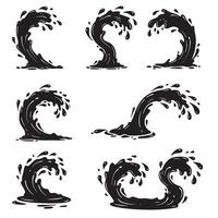 Collection of stylized monochrome water splash illustrations showcasing dynamic curves and fluid movement, a silhouette set. vector