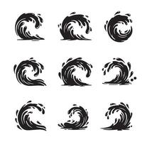 illustration of a set of nine silhouette wave designs in black and white for decorative use vector