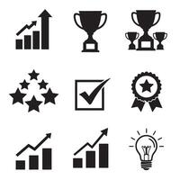 Business success icons and visual metaphors for achievement and progress displayed in a monochrome silhouette style vector
