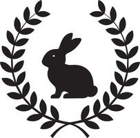 a black and white logo of a rabbit in a laurel wreath vector
