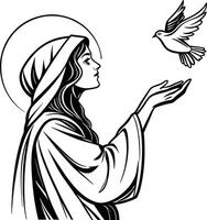 a woman holding a dove in her hand and a cross in the background vector