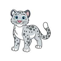 Cute cartoon snow leopard stands alert looking forward vector