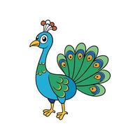 Cartoon peacock with vibrant feathers in simple illustration style vector