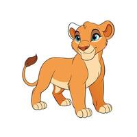 Cute cartoon lioness character standing playfully on white background vector