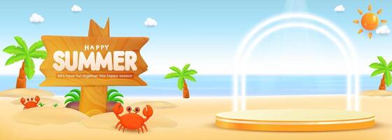Beach Summer Scene with Crabs, Palm Trees, and Decorative Wooden Sign vector