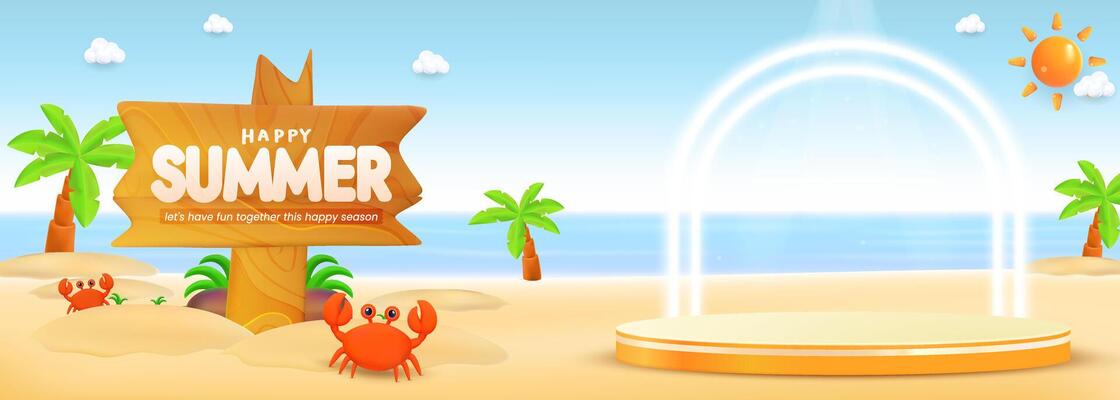 Beach Summer Scene with Crabs, Palm Trees, and Decorative Wooden Sign