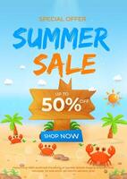 Poster Summer Sale Advertisement Featuring Beach Scene with Palm Trees and Crabs vector