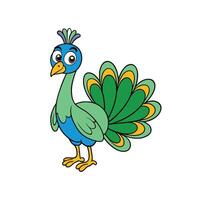 Cartoon peacock illustration with bold outline, vibrant colors, cheerful vector