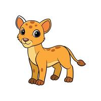 A cute cartoon lion cub stands against a white background. The style is flat with thick outlines. vector