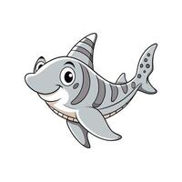 Cute cartoon shark illustration with a friendly expression, light grey and dark grey stripes. Clean style, isolated on a white background. vector