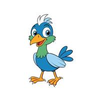 A cheerful blue cartoon bird stands smiling on a white background. Flat style. vector