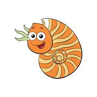 A cartoon depiction of a happy orange nautilus shell creature. Flat design. vector