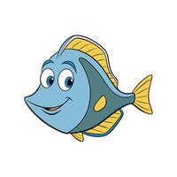 Cartoon blue tang fish swimming smiling against white backdrop vector