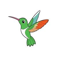 Cartoon hummingbird with vibrant wings hovering against white background vector
