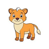 Adorable cartoon lion cub illustration on white background, standing and smiling. vector