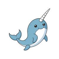 Cartoon Narwhal Swimming with Happy Expression on White Background vector