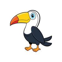 A cheerful cartoon toucan with vibrant colors is isolated on a white background. Flat illustration style. vector