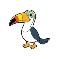 Cartoon toucan illustration with vibrant colors. The style is flat, cartoonish and cheerful. Toucan is standing on a white background. vector