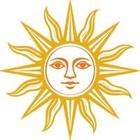 Golden sun illustration with facial features and radiating rays, emphasizing warmth and brightness in a creative design vector