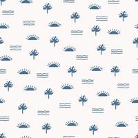 A blue and white pattern with palm trees and sun vector