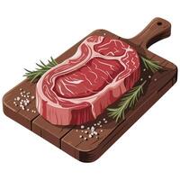 Raw beef steak slice displayed on rustic wooden board vector