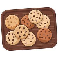 Wooden tray with butter cookies and chocolate candies vector