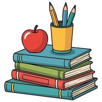 Stack of textbooks with apple and pencil holder vector