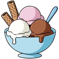 Vanilla and chocolate ice cream scoops in bowl vector