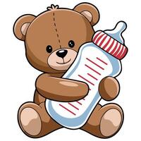 Adorable baby teddy holding milk bottle for feeding isolated illustration on white background vector