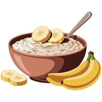 Nutritious oatmeal porridge in bowl with banana slices isolated illustration on white background vector